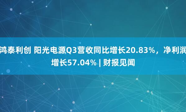 鸿泰利创 阳光电源Q3营收同比增长20.83%，净利润增长57.04% | 财报见闻